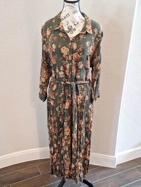 April Cornell Floral Midi Dress Vintage Rose Green Combo Size XL